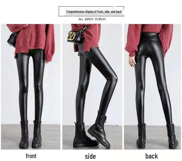Women's High-Waisted PU Leather Pants with Velvet Lining, Slim Fit, Windproof & Waterproof, Perfect for Autumn/Winter.