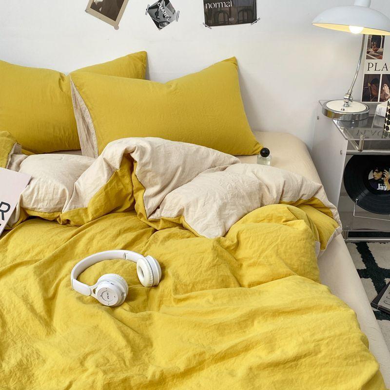 

Ins Style Nordic Fresh Blue Washed Cotton Bedding Set Four-Piece Simple Bed Sheet Bed Skirt Dormitory Quilt Cover Three-Piece Quilt Cover 150x200