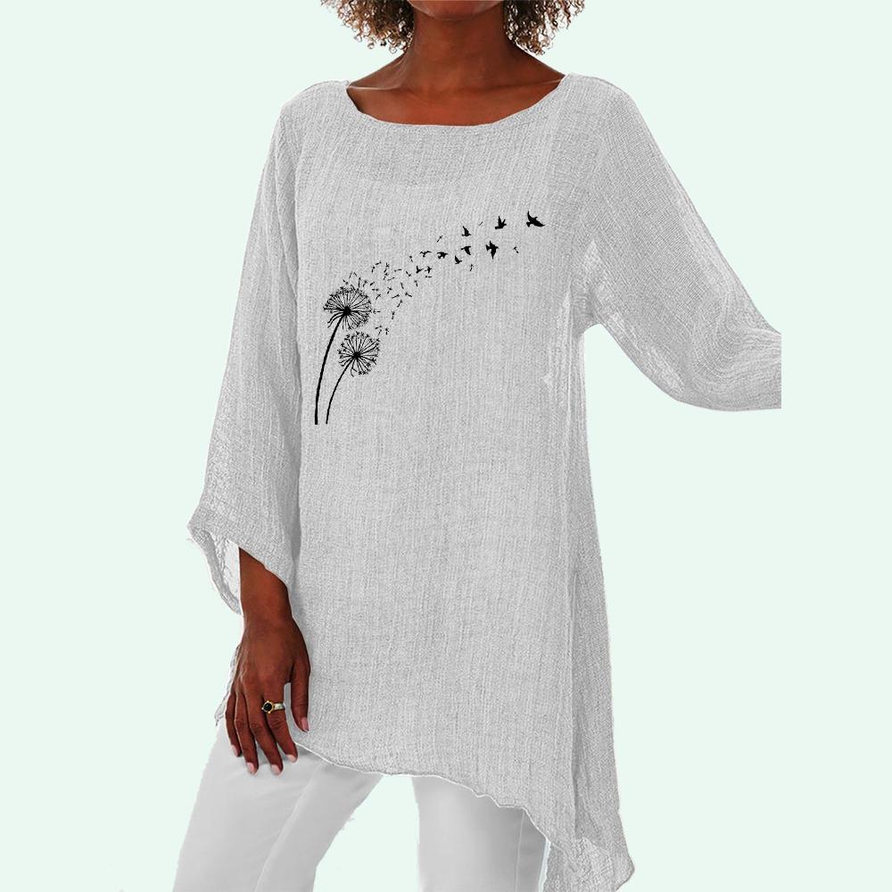 Women Fashion Print 3/4 Long Sleeve Thin Top Fashion Loose Shirt Female Round Neck Linen Shirt