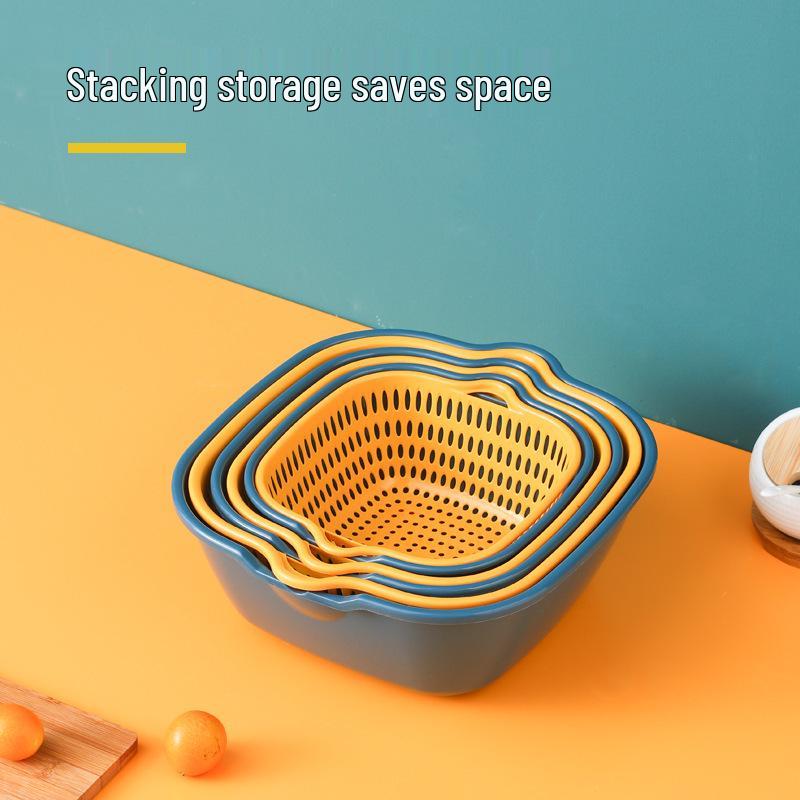 Eight-Piece Plastic Kitchen Draining Basket Set - Double-Layer Multifunctional for Fruits and Vegetables
