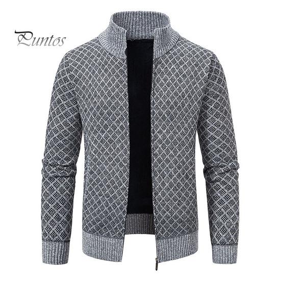 Мужское трикотажное пальто с воротником-стойкой длинным рукавом застежкой-молнией и карманами клетчатый принт осень-зима повседневный трикотаж M светло-серый 2597₽