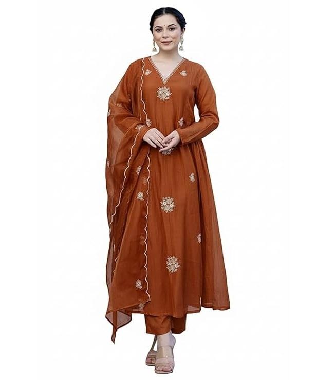 Women Embroidery Solid Anarkali Kurta and Pant Set with Dupatta Set S