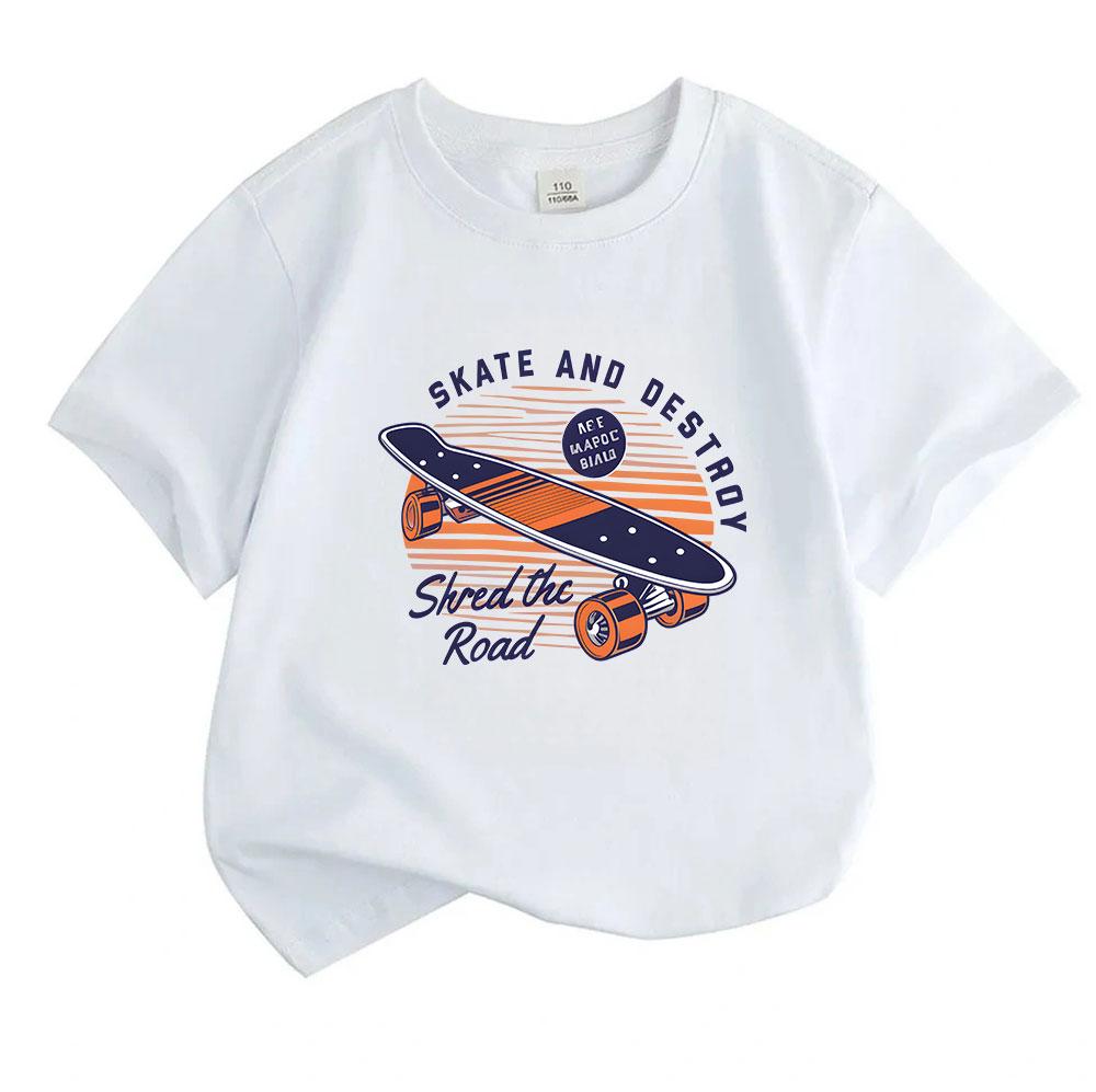 Kids Boys Girls 100% Cotton Crew Neck Short Sleeve T-Shirt, Retro Skateboard Skate And Destroy Shred The Road Print Casual Tee For Children Daily Wear