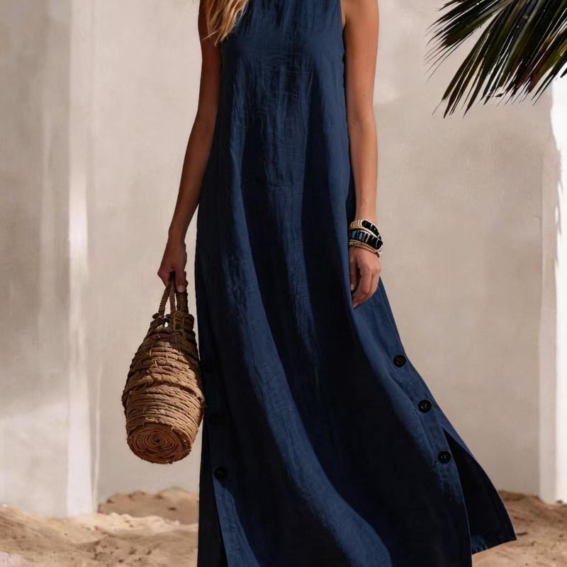 Women's Cotton Linen Maxi Dress Sleeveless Side Slit Loose Fit Casual Vacation Dress