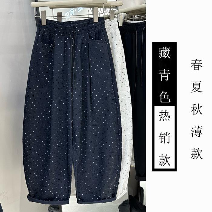 

[Large Size] (M-XL) Polka Dot Wide Leg Pants Women s Spring and Summer Thin High Waist Skinny Casual Pants Straight Pants M тёмно-синий