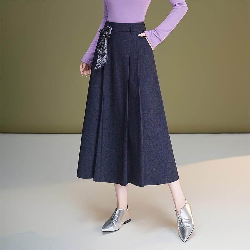 Autumn Silk Scarf Bow A-Line Pleated Skirt for Women