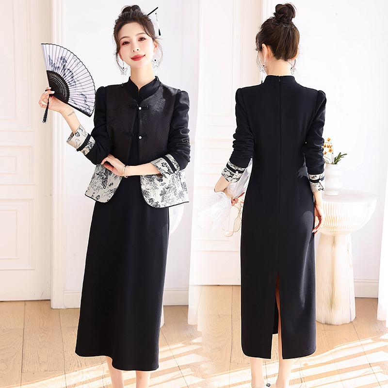 

Комплект платья-жилета Женский весенне-осенний новый темпераментный улучшенный ципао юбка комплект из двух предметов XXL