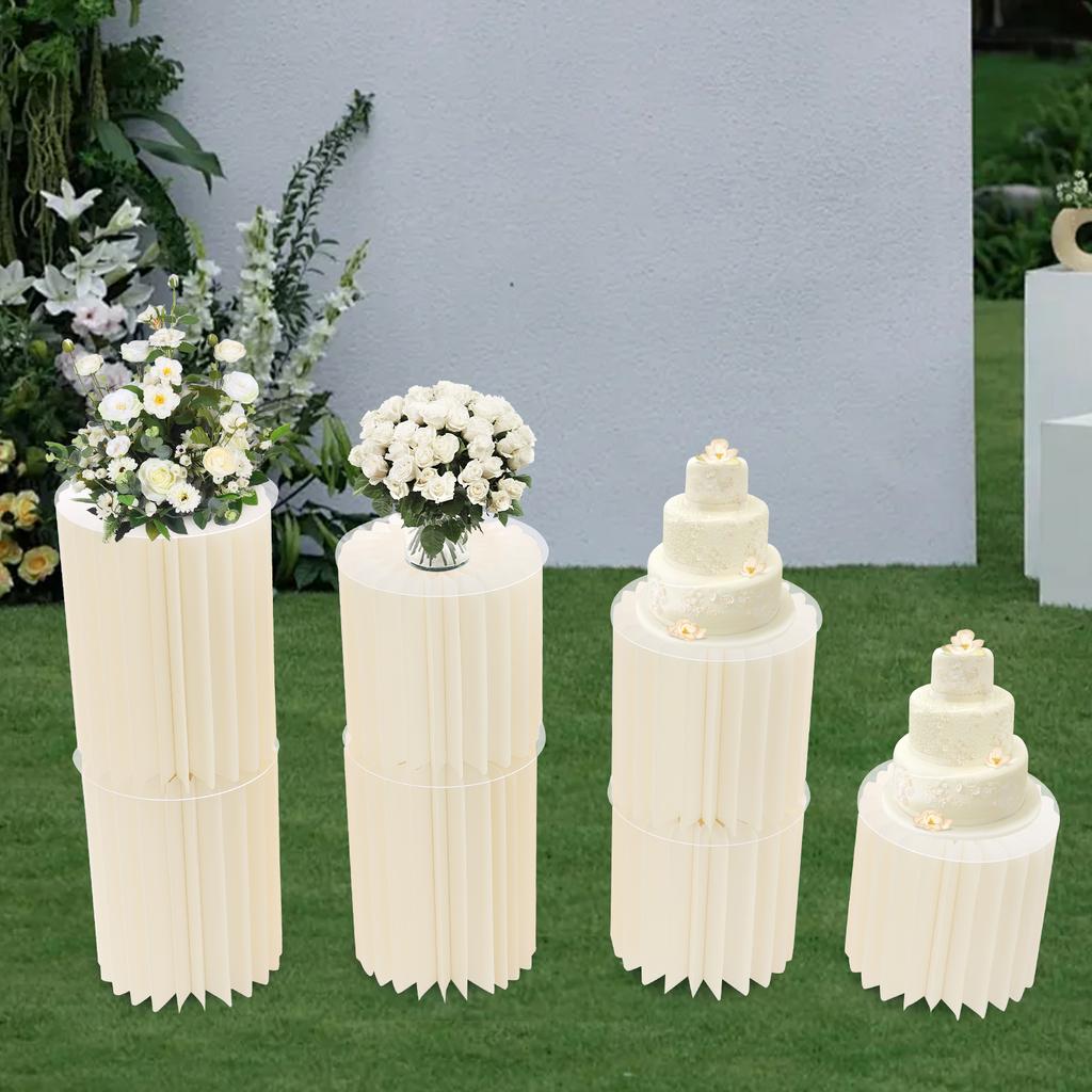 Round Cylinder Wedding Flower Stands, 7-Piece Set with 1.5cm Thick PVC Panels, Foldable Column Display for Centerpieces, Banquet