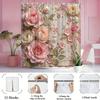 1Pc Vintage Floral Shower Curtain, Polyester Woven Fabric With Pink And Beige Roses Lace Design, Romantic Bathroom Decor, Washab