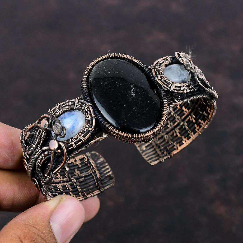 Silver Sheen Obsidian Cuff Bracelet Copper Wire Wrapped Gemstone Bangle Rainbow Moonstone Bangle Adjustable Cuff Bracelet Handmade Jewelry