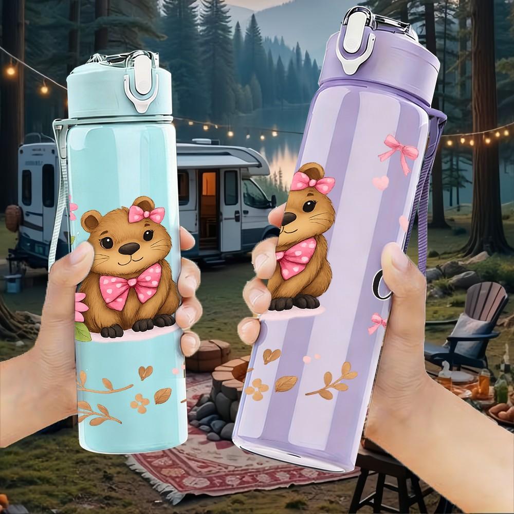 1PC Bear Cute Flower Quote Print 750ml Color Plastic Sports Water Bottle Leakproof Flip Straw Lid Suitable for Sports Office Home Use