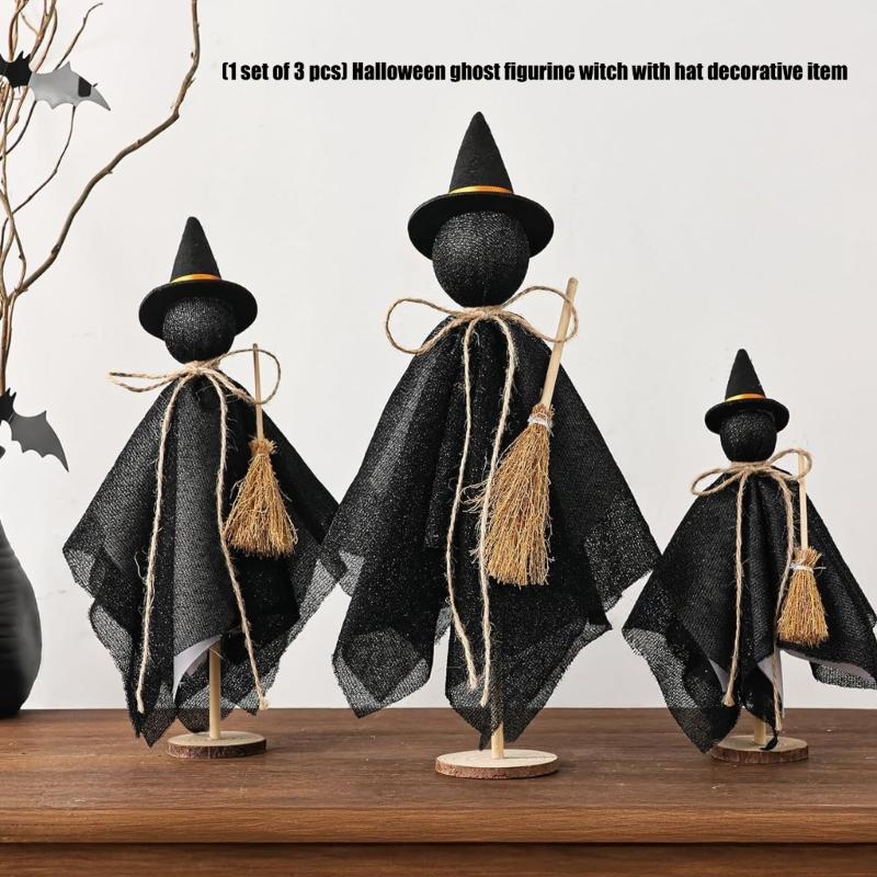 3 Piece Cotton Fabric Witch Specter Decorations For Halloween Home Party Display Wooden Base Accessories Set