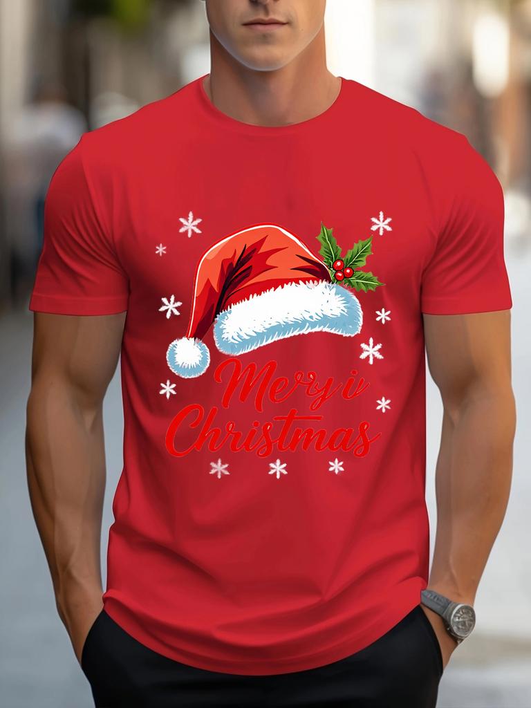 Mens Trendy Clothes Shortsleeved Casual Sports Tshirt with Christmasthemed Pattern Comfortable Regular Roundneck Outdoor