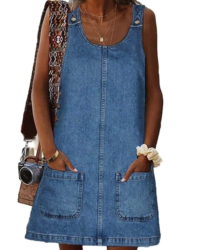 Damen ärmelloser Denim Overall Minikleid Rundhalsausschnitt Jean Kleid mit Taschen S meer-blaue