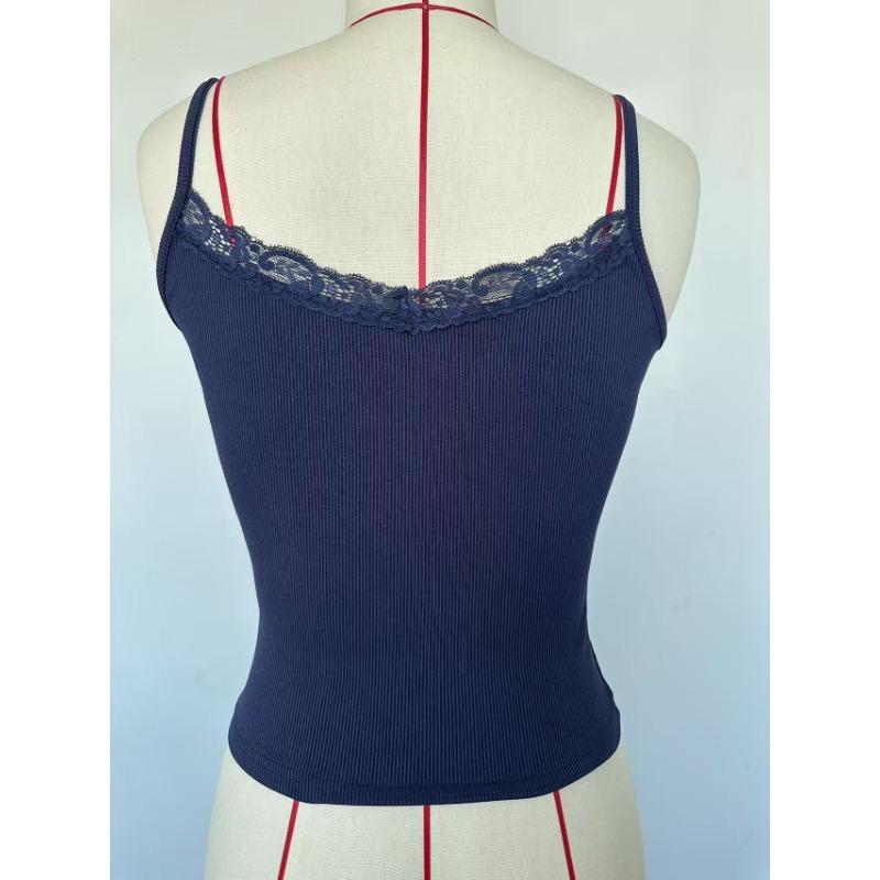 Women Sexy Y2k Lace Solid Slim Cropped Ribbed Camisole Tank Top