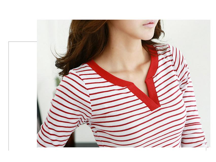 Camiseta de Manga Larga con Cuello en V a Rayas para Mujer, Talla Grande, Otoño/Primavera, Estilo Coreano, Diseño Adelgazante y Versátil