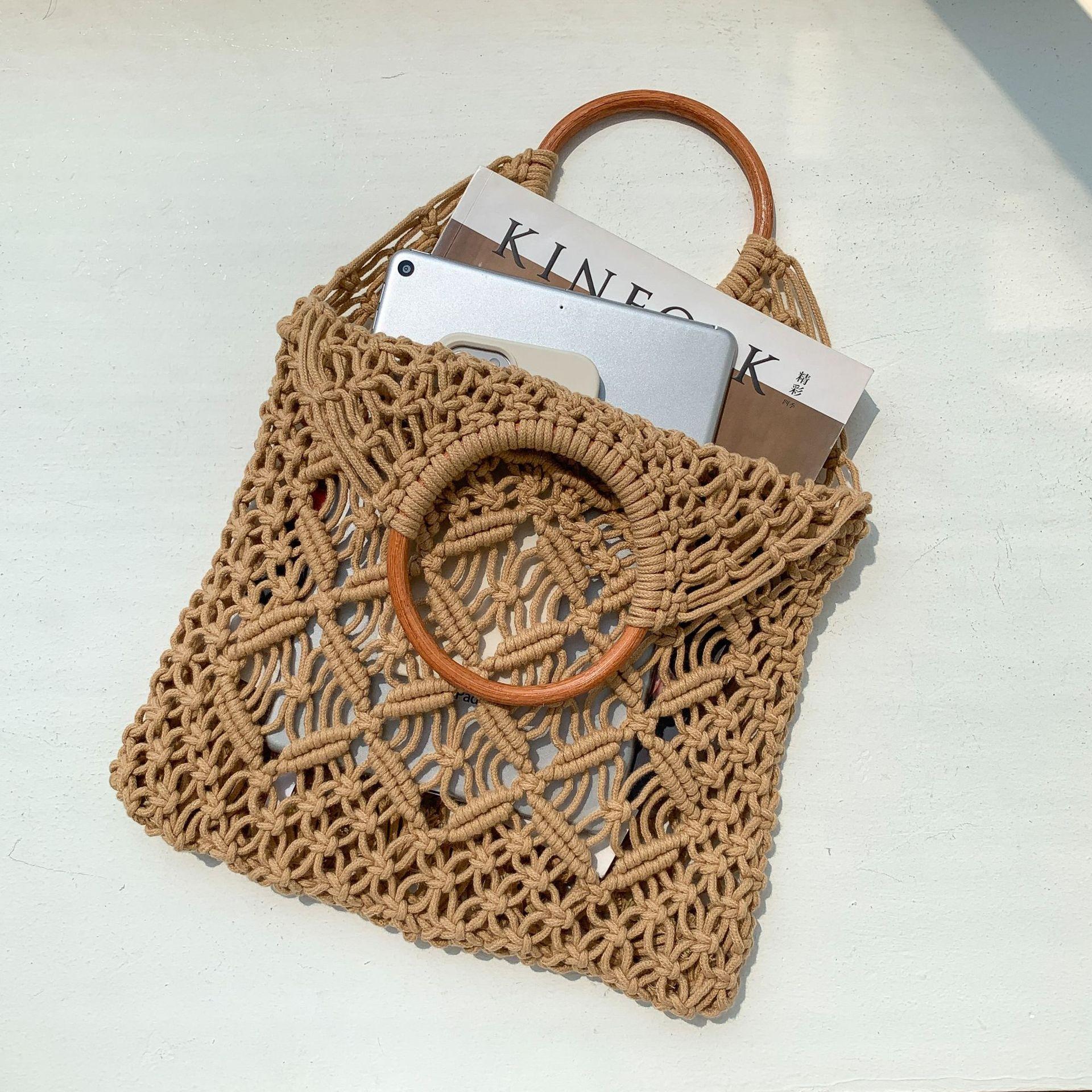 

Сумка из плетеного хлопка, сетка, дизайн в виде полого ромба, летняя пляжная сумка для отпуска, трендовая повседневная сумка большой вместимости хаки