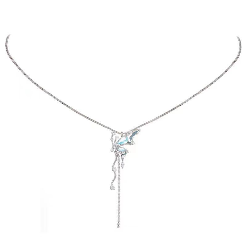 

Double-Layer Stacked Blue Crystal Butterfly Fringed Necklace Female Niche Design Exquisite High-End Collarbone Chain