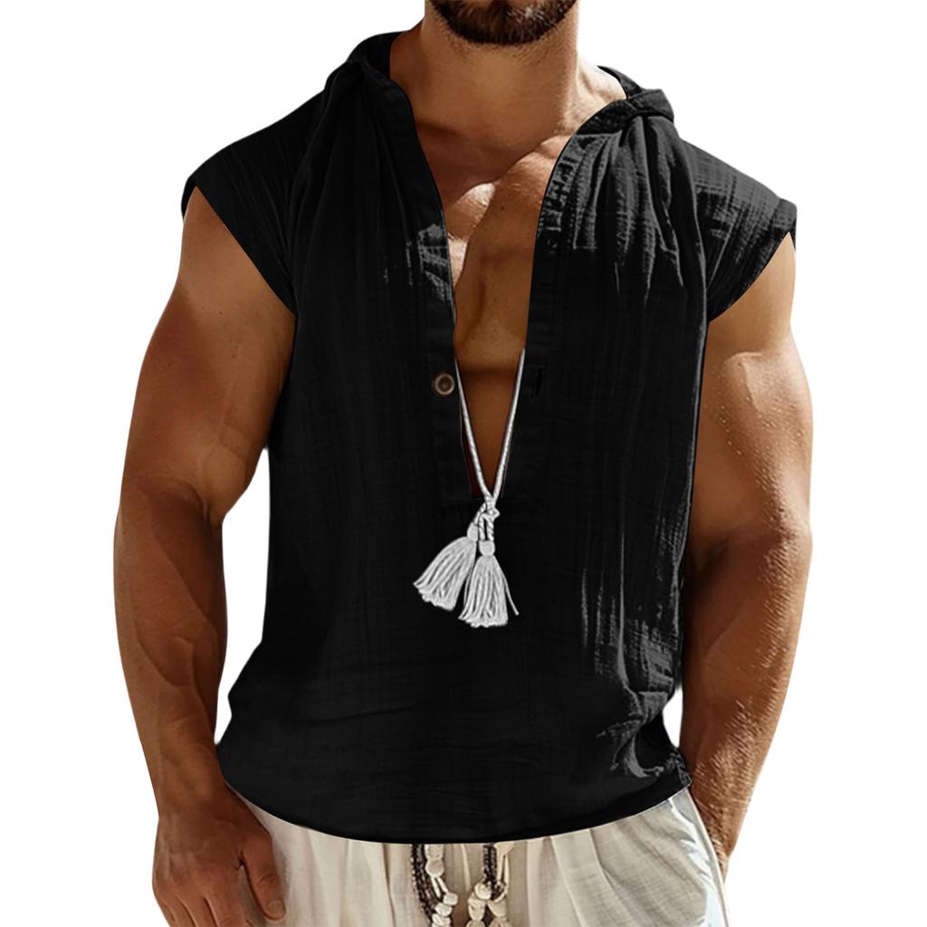 Men'S V-Neck Loose Fitting Sweat Sleeveless Hooded Shirt Fashionable Top
