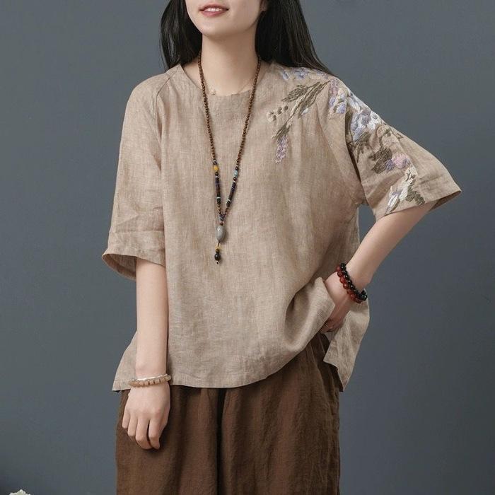 Summer Women's Retro Chinese Style Suit Linen Embroidered Cotton and Linen Tops Women's Short Sleeve T-shirt Cropped Pants Set