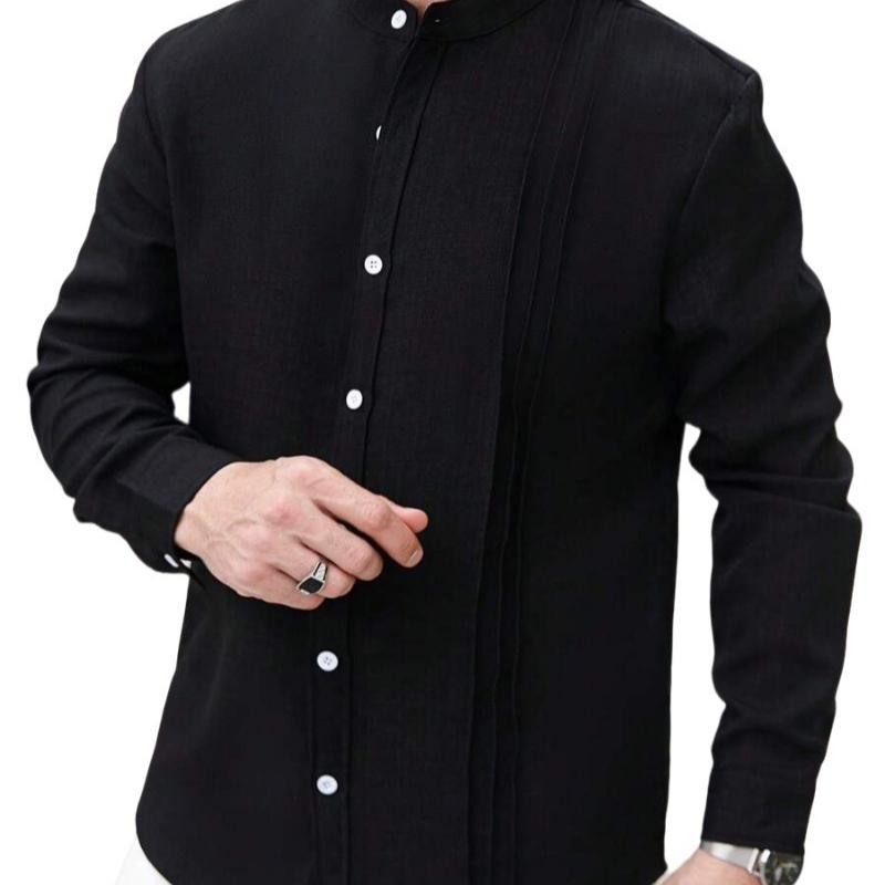Men's Stand Collar Solid Color Striped Long Sleeve Cardigan Casual Shirt