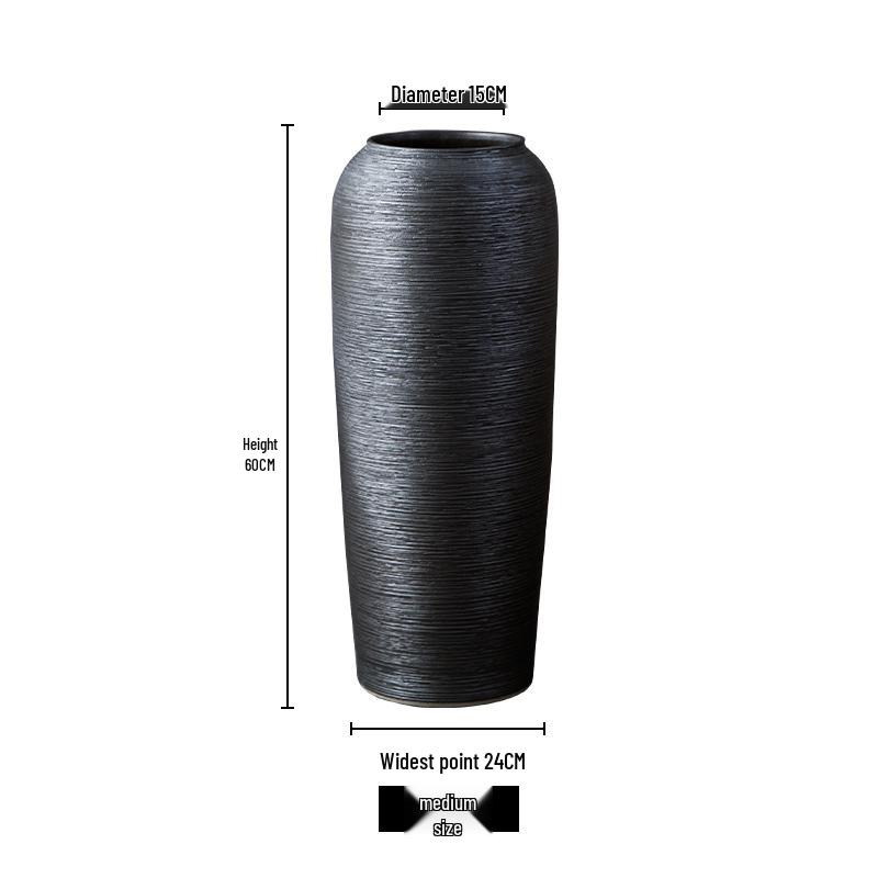 Black Zen-Style Ceramic Floor Vase for Dried Flowers - Retro Terracotta Ornament