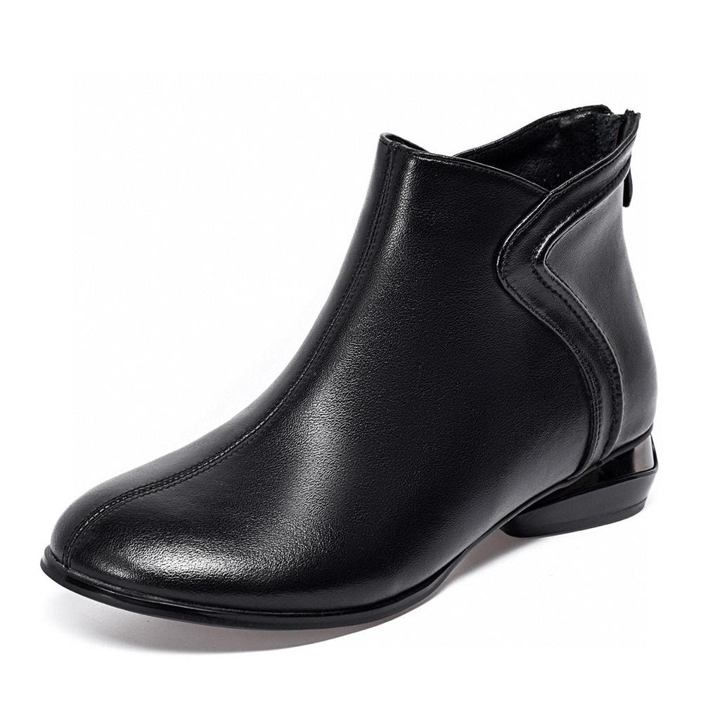 Round head short boots women's autumn and winter new low-heeled rear zipper leather boots simple temperament and thin flat-bottomed cotton boots