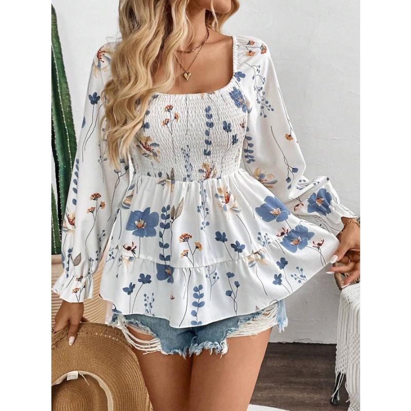 Autumn and Winter Women's Elegant Floral Print Corset Long Sleeve T-Shirt