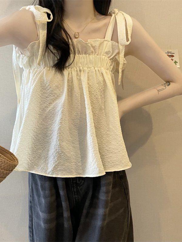 Women's Sweet & Fresh Textured Cropped Tie-Up Camisole: Summer 2026 Ruffle, Loose, Slimming Top