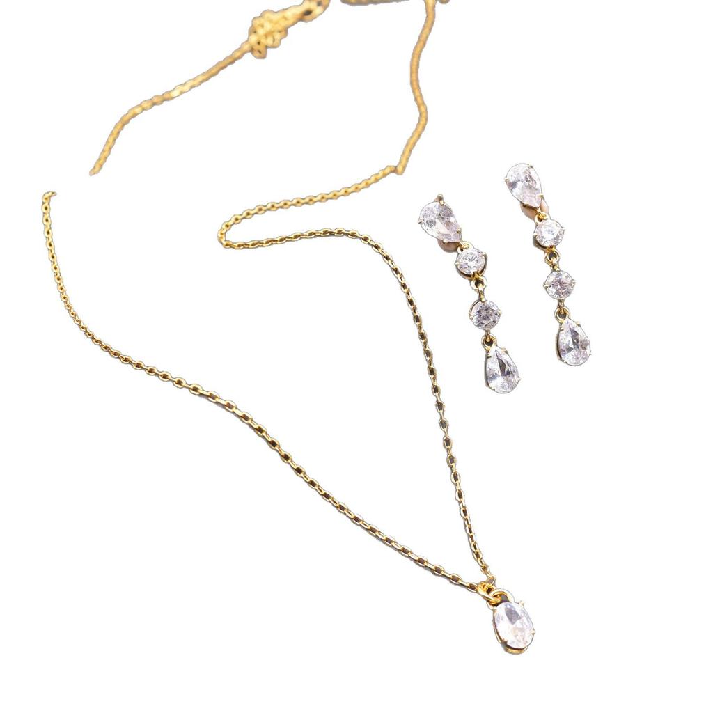 European and American Pure Silver Earrings with Rhinestone Water Drop Pendant Necklace Set for Women