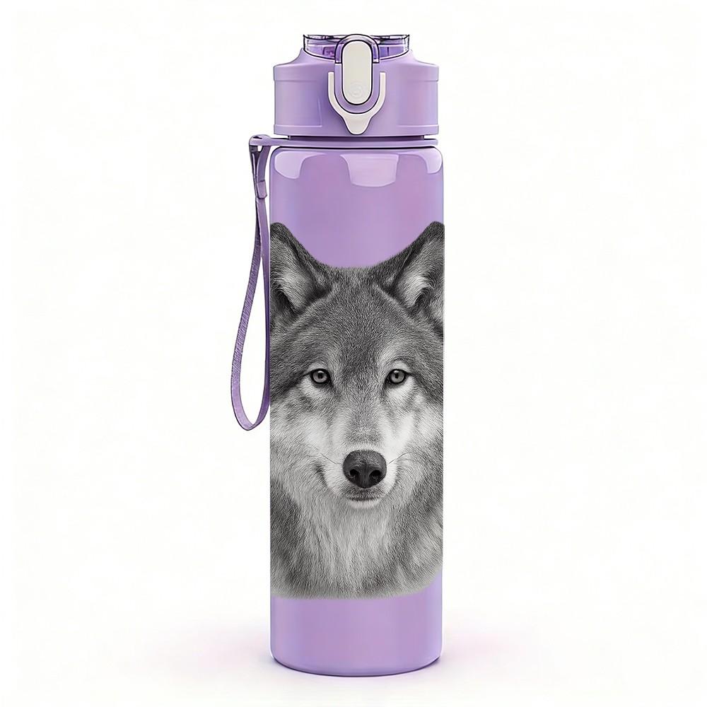 1PC Grey Wolf Head Portrait 750ml Color Plastic Sports Water Bottle Leakproof Flip Straw Lid Suitable for Sports Office Home Use