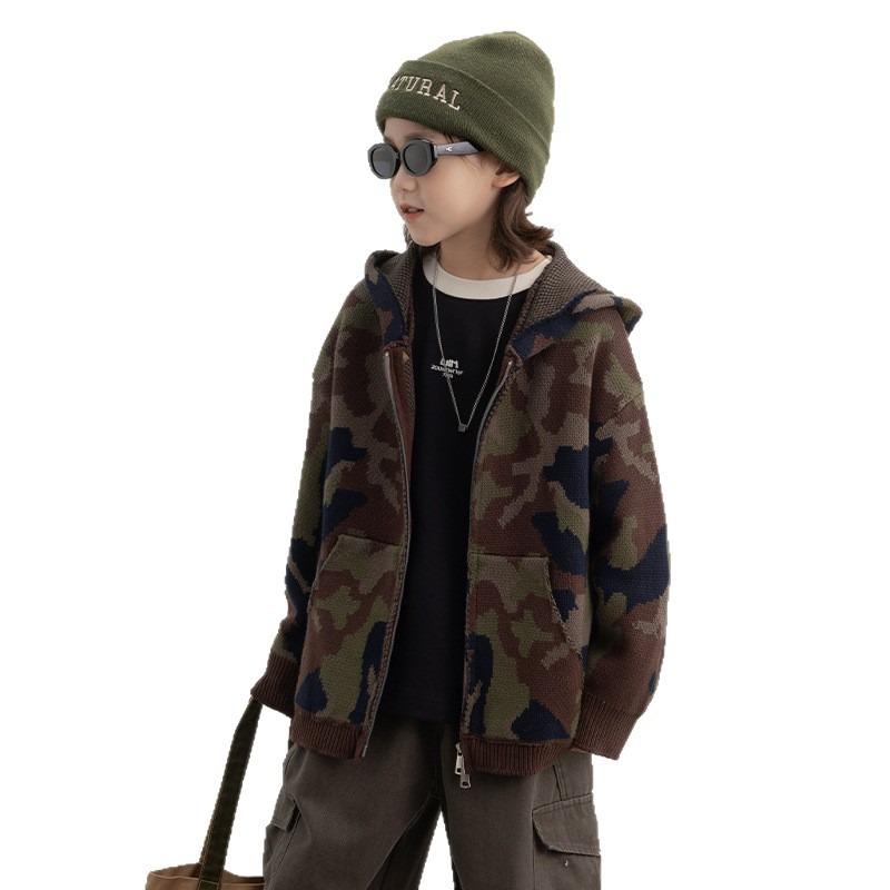 Cárdigan de Punto con Capucha para Niños Camuflaje Manga Larga Suéter Casual