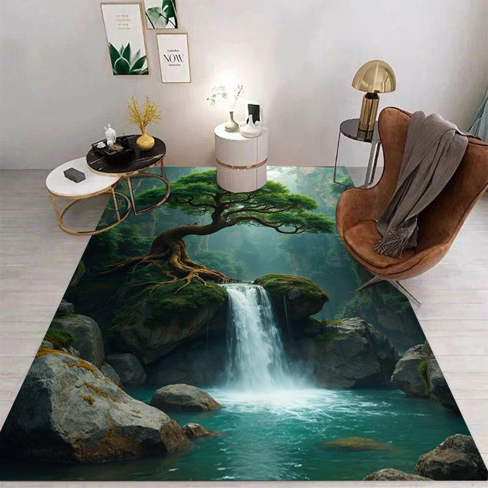 Natural Landscape Waterfall Forest 3D Art Area Rug Non Slip Soft Carpet For Living Room Bedroom Home Decor Nature Lovers Use