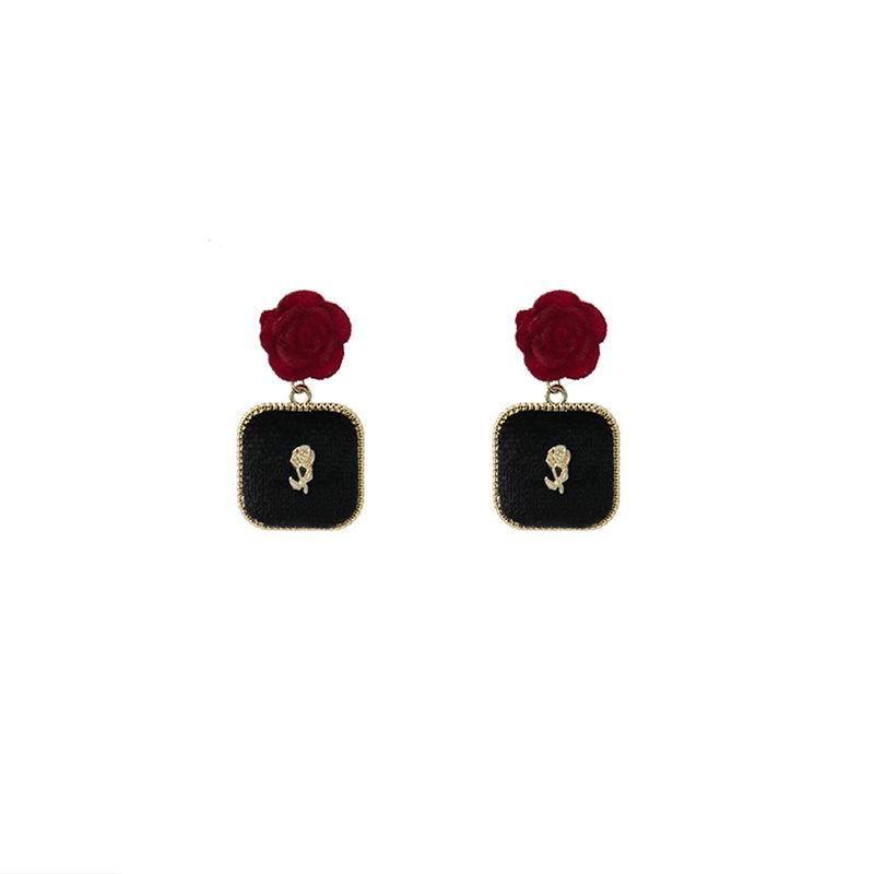 French Retro Burgundy Rose Earrings, Autumn And Winter Small Fragrant Velvet Earrings, High-End Earrings For Women
