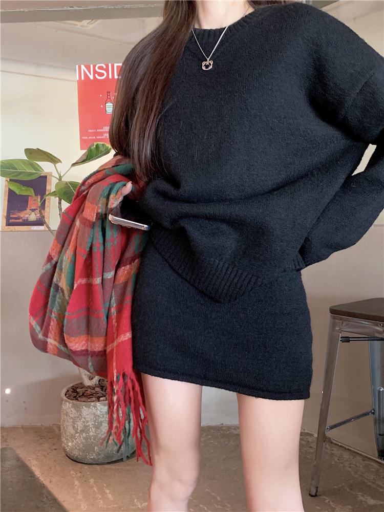 Cozy Gray Sweater & High Waist Midi Skirt Set - Soft Knit Pullover, Perfect for Autumn & Winter