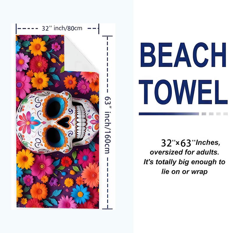Floral Skull Art Print Beach Towel, Large Soft Quick Dry Towel for Beach Camping Swimming