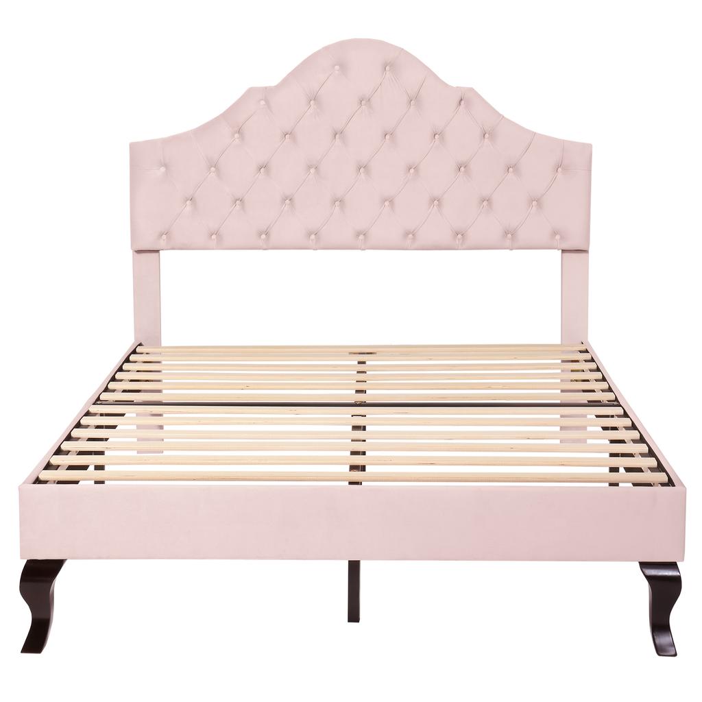 Upholstered Bed 140*200 with Slatted Frame, Height-Adjustable Headboard, for Adults & Teenagers, Wooden Slat Support, Easy Assembly, Velvet, Pink