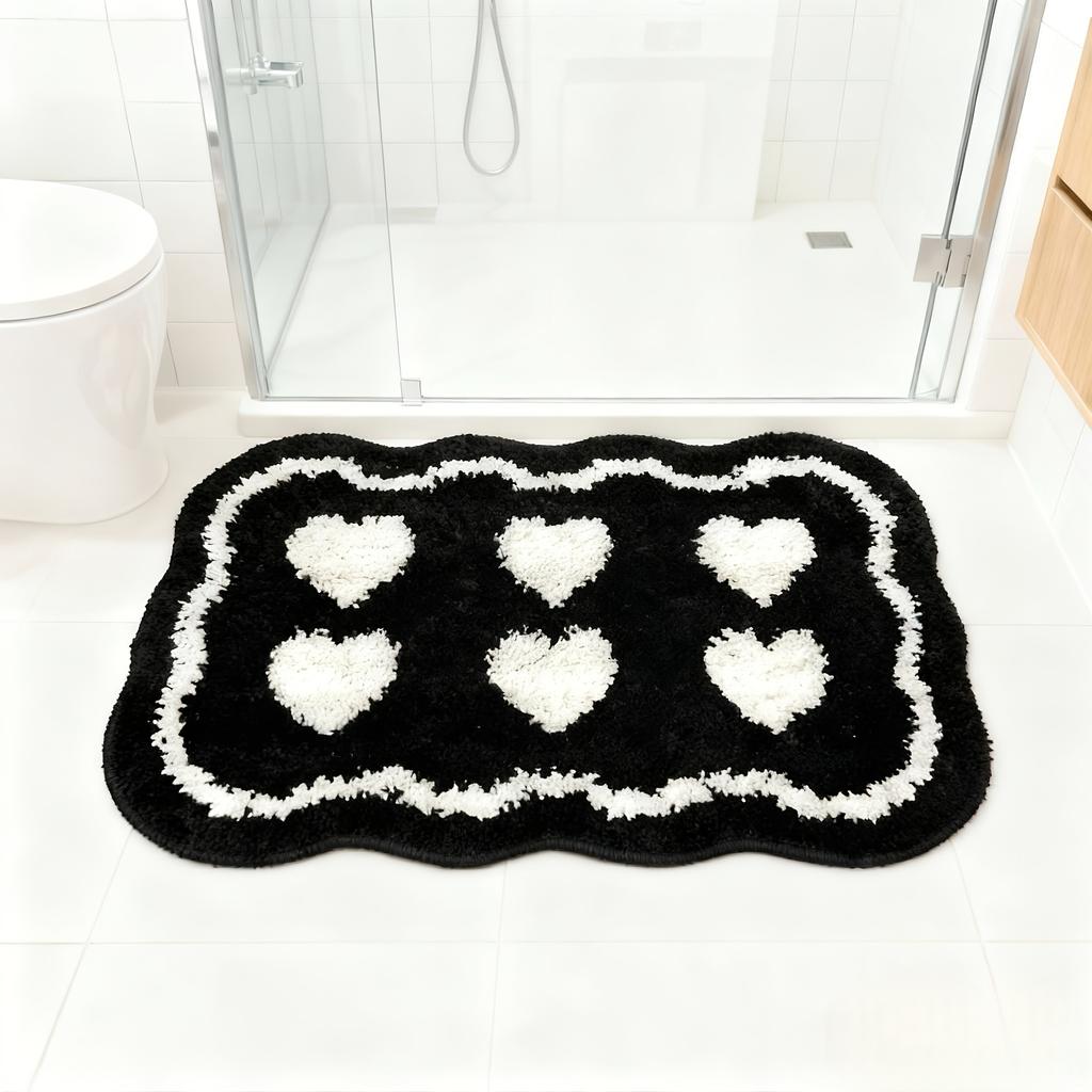 Black White Heart Pattern Bath Mat Absorbent Non-Slip Kitchen Bathroom Rug Soft Fluffy Shower Floor Mat Home Bathroom Decor Gift