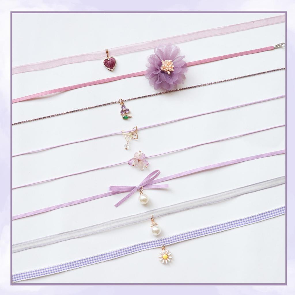 Purple Floral Ribbon Bow Pendant Necklace - Fairy Style Choker for Women