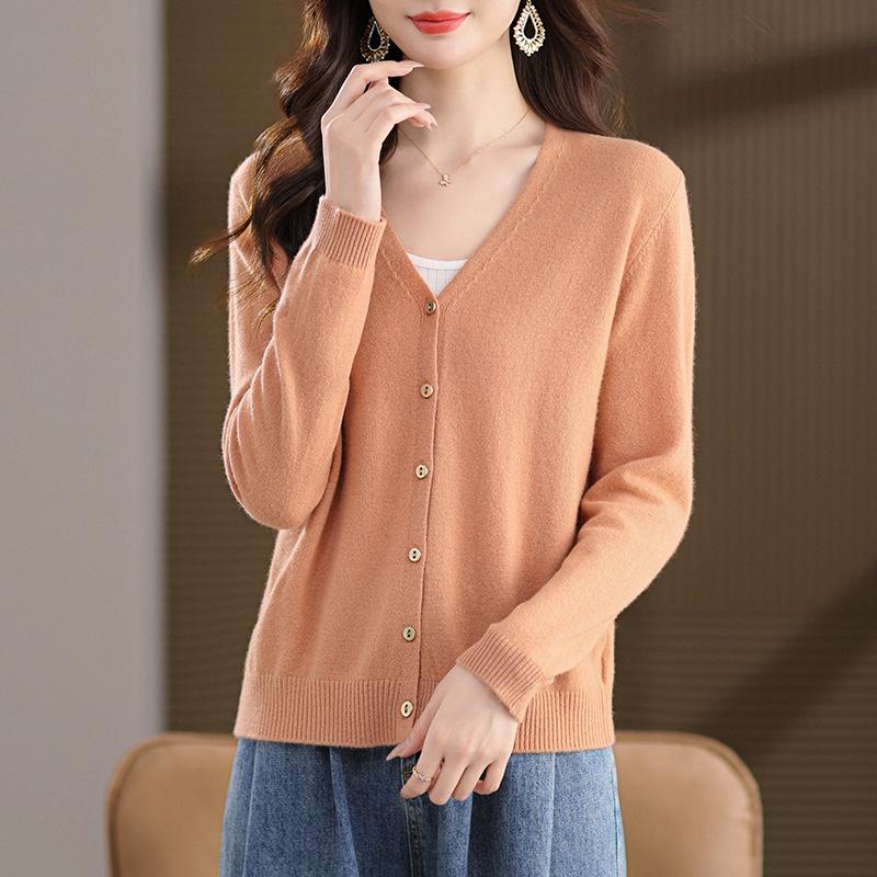Women's 100% Wool V-Neck Cardigan - Spring/Autumn 2025, Long Sleeve, Petite, Lightweight Sweater