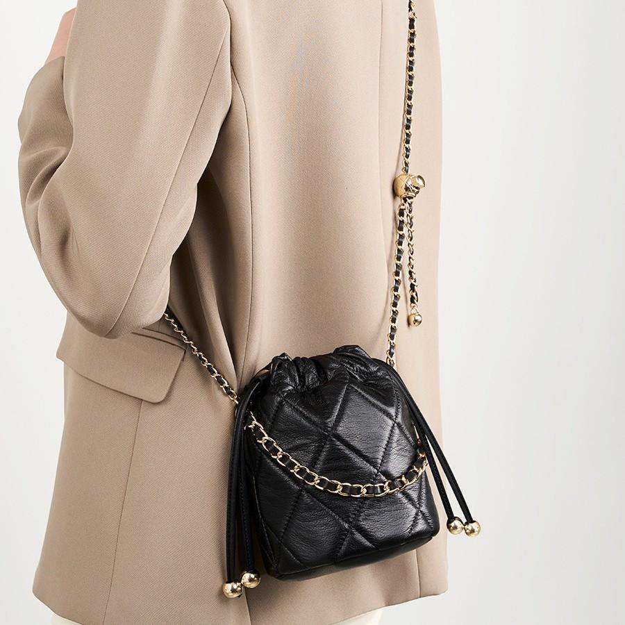Calfskin Top Layer Handheld Chain Genuine Leather Small Bag 2025 New High-end Bucket Bag Versatile Shoulder Crossbody Bag