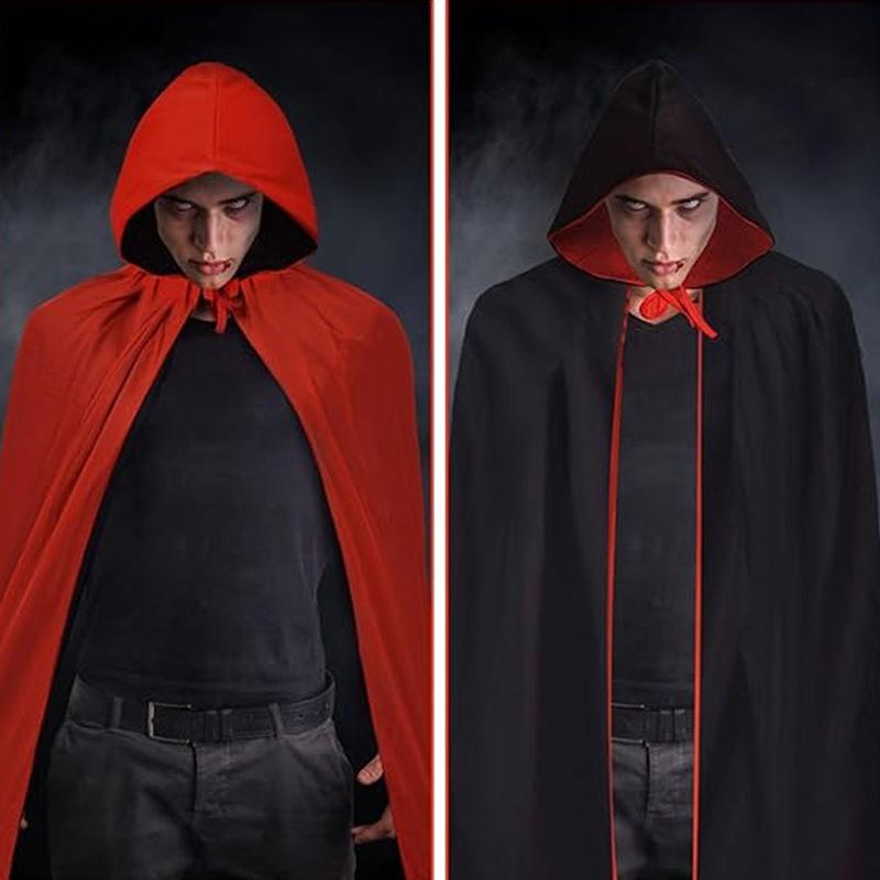 On Hand Hooded Cape Adult Unisex Long Cloak Black Red Halloween Costume Dress Coats