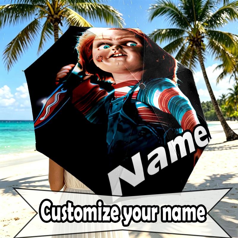 Custom Name Personalized Bride of Chucky Print Umbrella, Auto Open Close, 8‑Rib Sturdy Frame, Commute Camping Hiking Use, Birthday Gift
