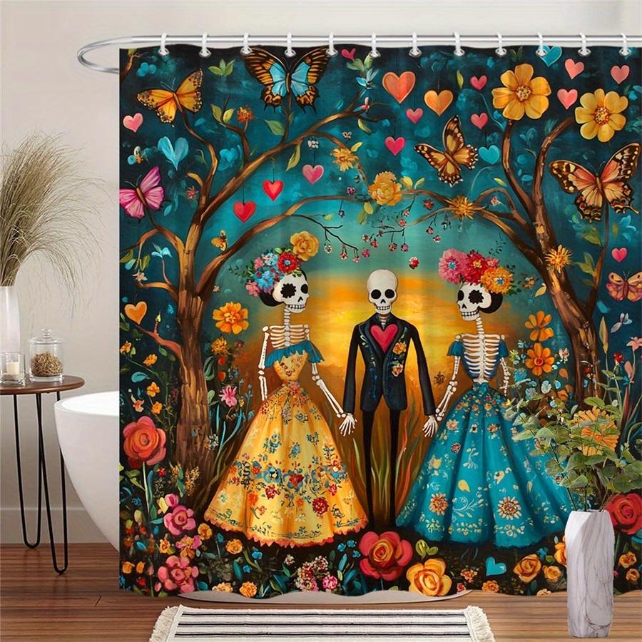 Mexican Folk Art Shower Curtain - Vibrant Skeletons, Traditional Dresses, Joyful Garden, Machine Washable, Colorful Bath Decor