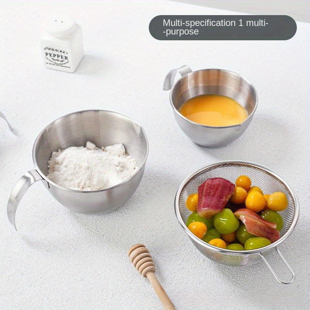 4PCS Mini Handle Cooking Cup, Stainless Steel Mixing Bowl, with Scale, Handle, Filter, Multi functional Set