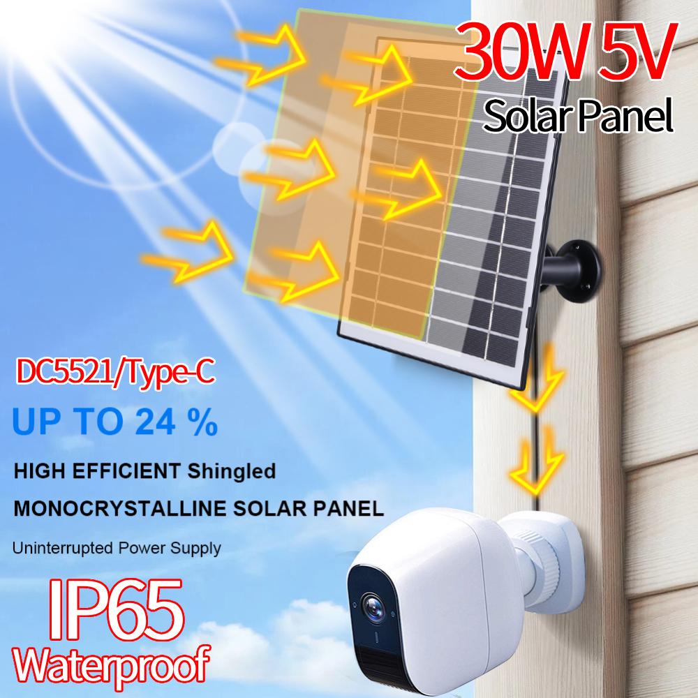 30W Solar Panel for Security Camera USB-C/DC5521 Camera Solar Panel Charger Waterproof 360Degree Adjustable For EufyCam/Wyze Cam 4
