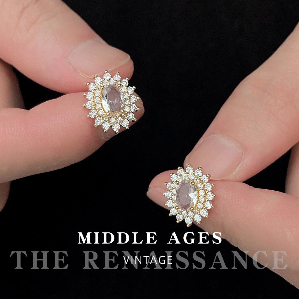Wind oval zircon stud earrings French retro court style earrings ear jewelry