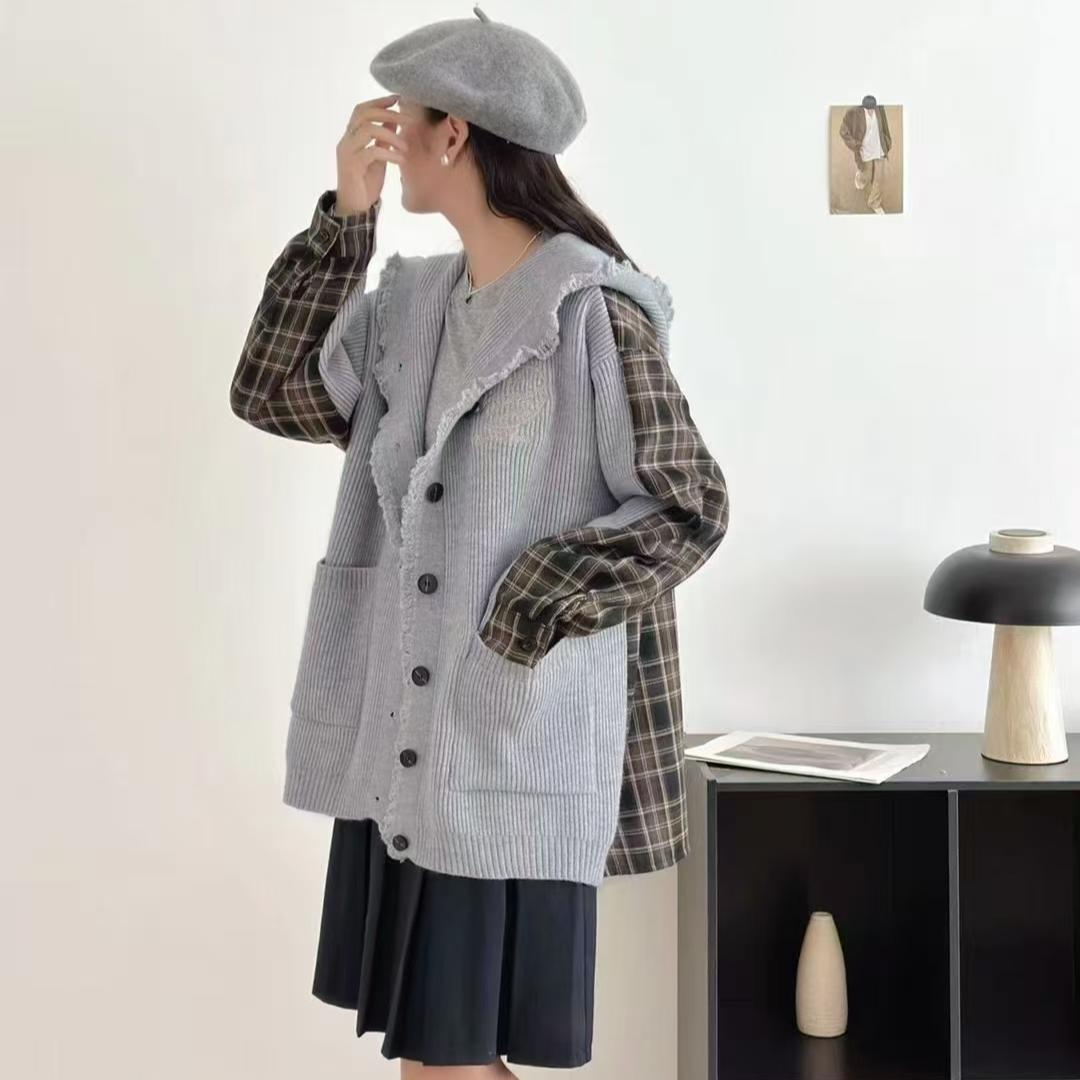 

DIMANAF 2025 Новая куртка Женские свитера Клетчатое пальто Лоскутный кардиган Вязание Карманы Свитер серый