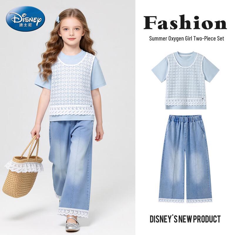 Disney Girls Faux 2-Piece Lace Top & Denim Pants Set 140