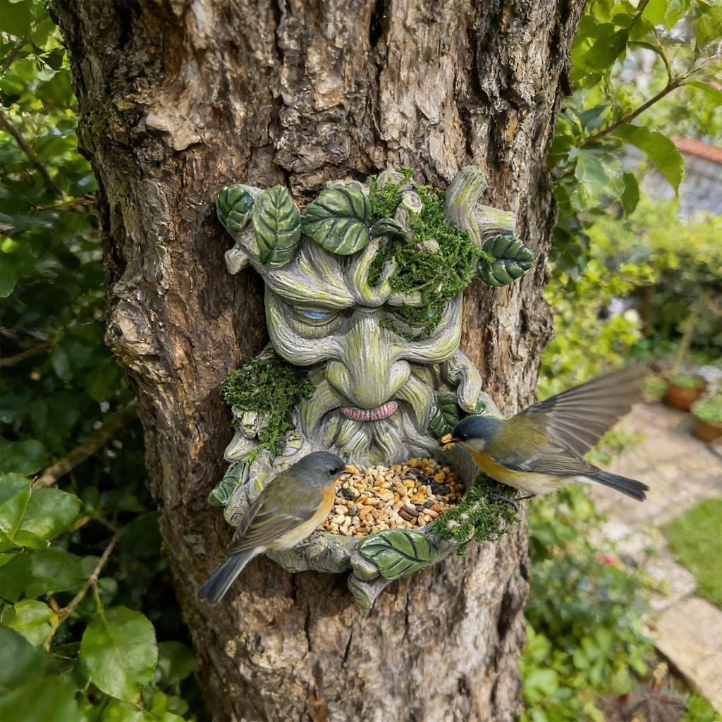 Wall Mount Tree Face Bird Feeder 3D Resin Weather Resistant Feeder Tree Decorations Outdoor For Garden Yard Fairy Lawn Feeding